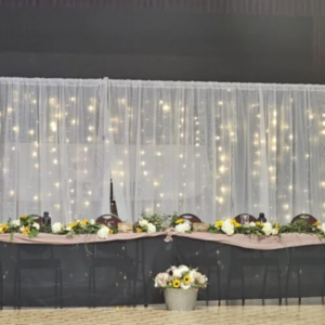 Backdrop with white drapes and fairy lights - 10-24 ft wide