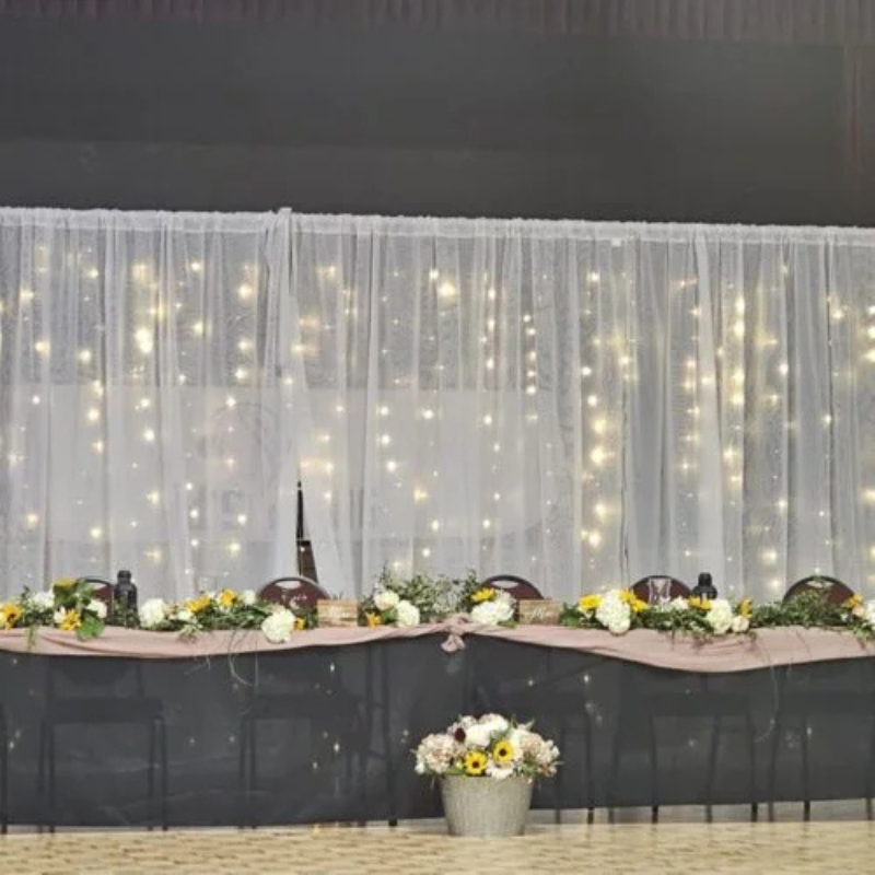 Backdrop with white drapes and fairy lights - 10-24 ft wide